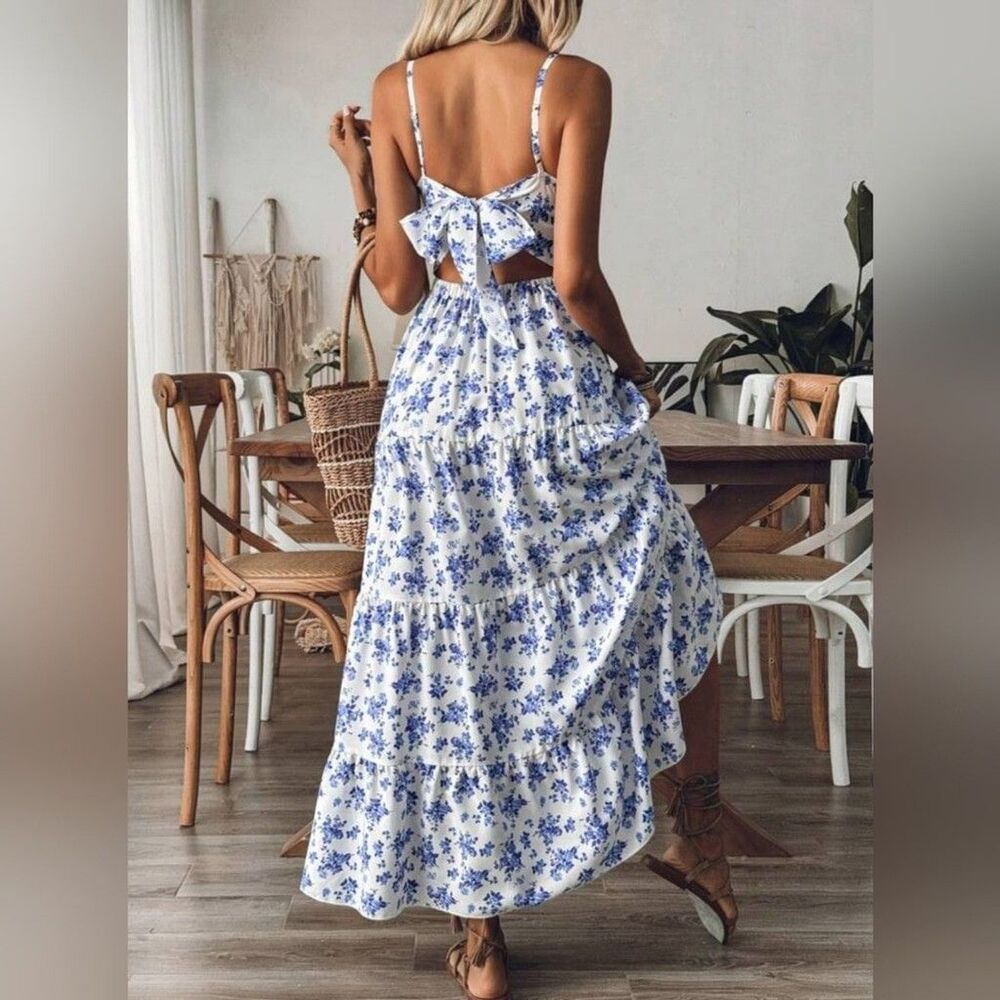 Blue Floral Spaghetti-Strap Maxi Dress, Open Back, Medium Size - Picture 9 of 10